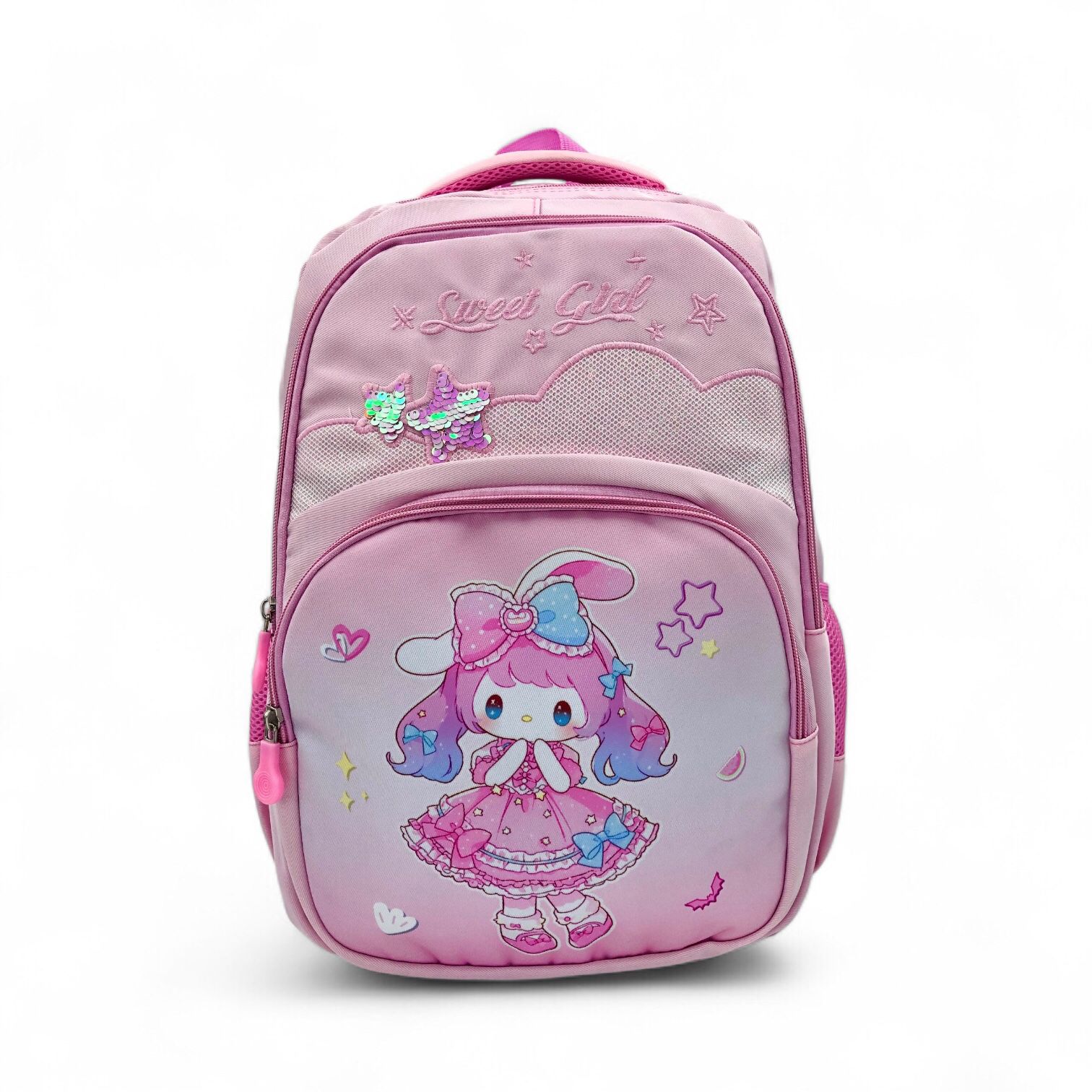 Light pink anime character backpack with Sweet Girl logo and heart star graphics