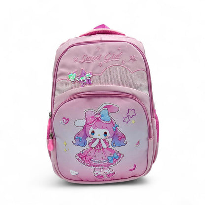 Light pink anime character backpack with Sweet Girl logo and heart star graphics