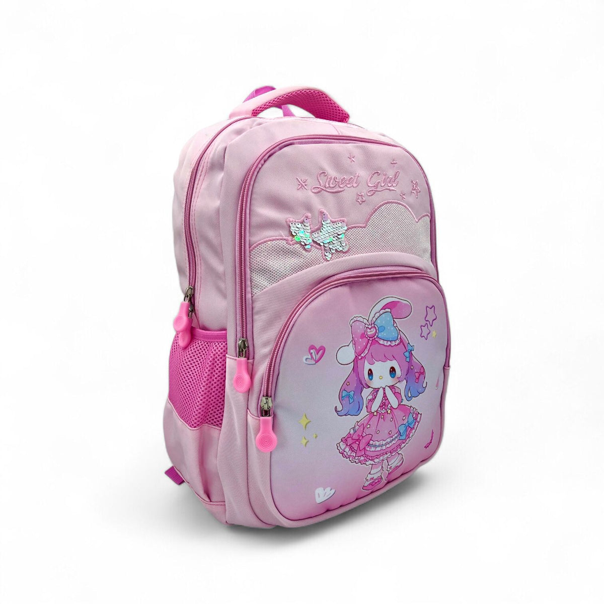 Cute anime character school backpack, light pink with front zipper pockets and charm