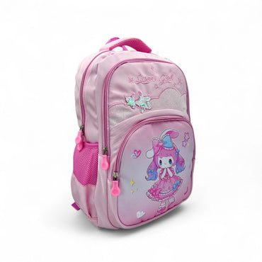 Cute anime character school backpack, light pink with front zipper pockets and charm