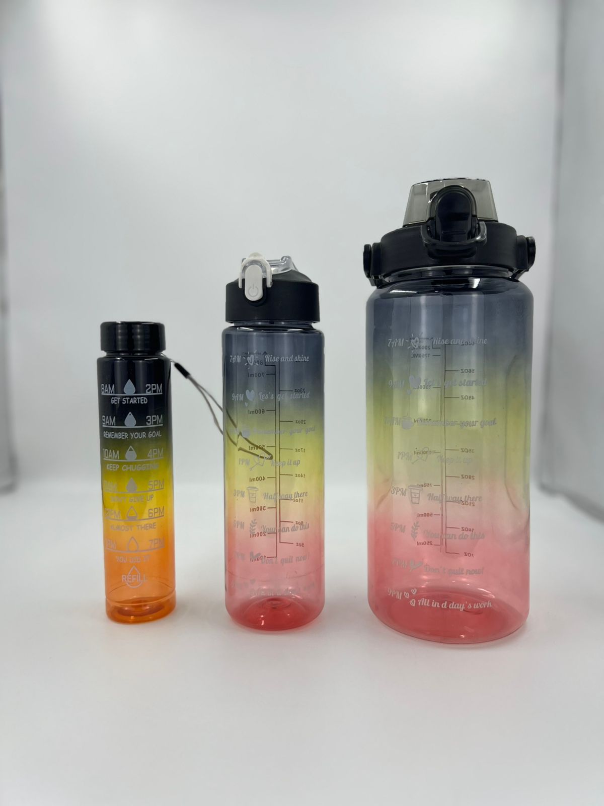 3-piece gradient motivational water bottle set, orange yellow to pink with flip caps