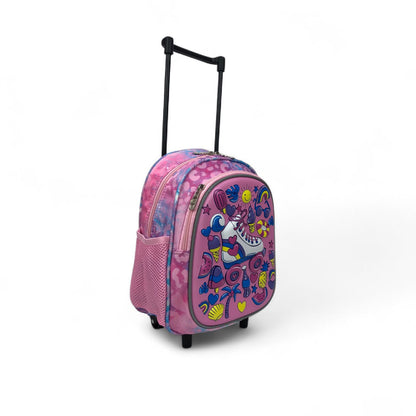 Kids rolling backpack, side view with rainbow fun graphic, telescoping handle and wheels
