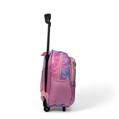 Kids rolling backpack side view, purple mesh pocket, retractable pull handle