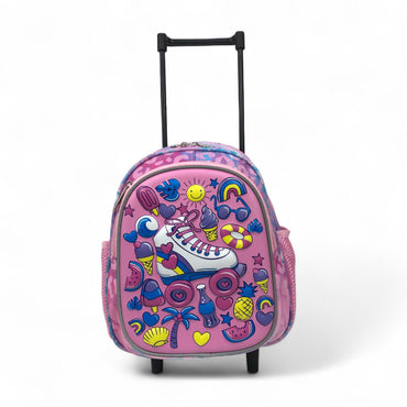 Kids rolling school backpack with colorful graphic print, telescoping handle, front wheels