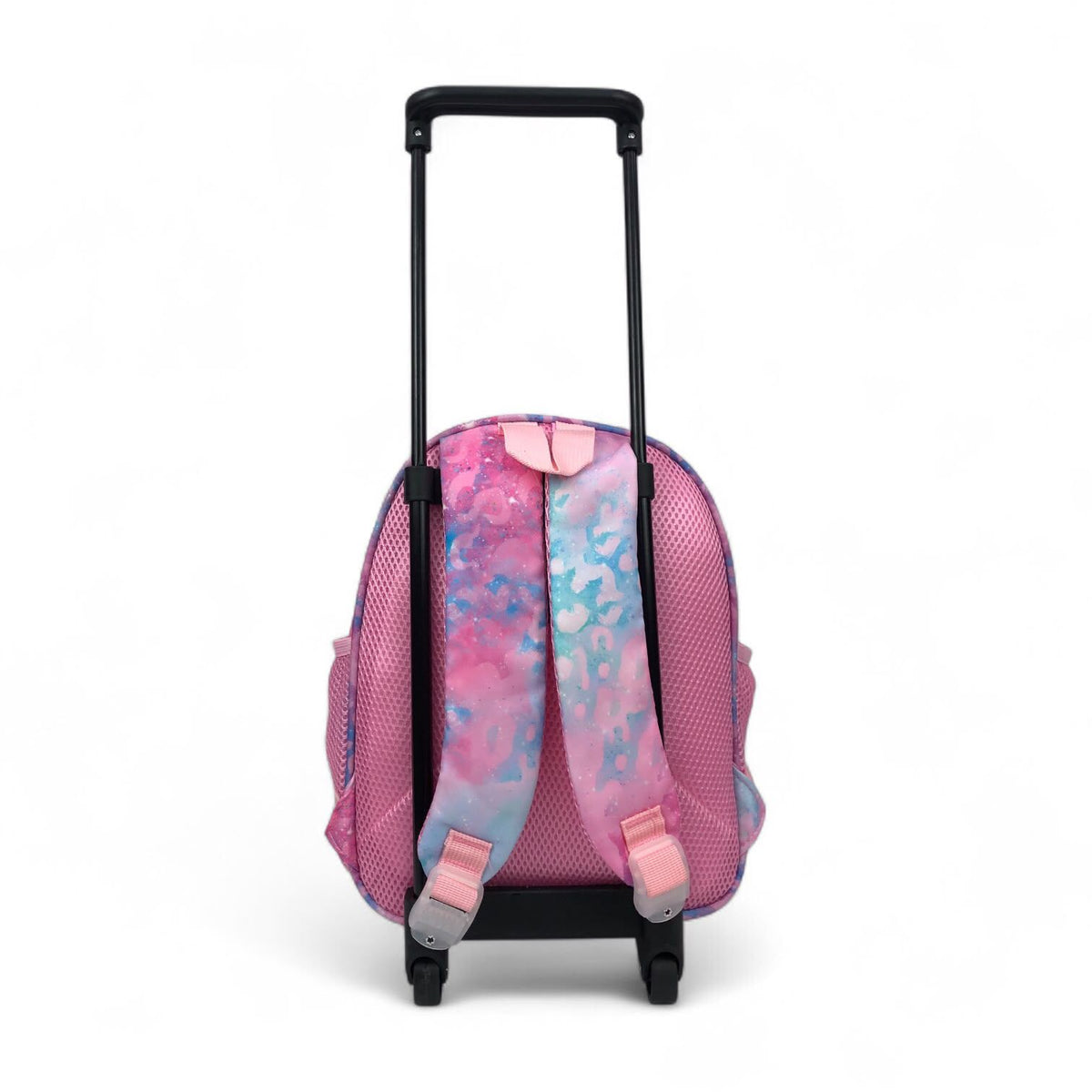 Kids rolling school backpack, purple glitter fabric, front zipper pocket, pull handle