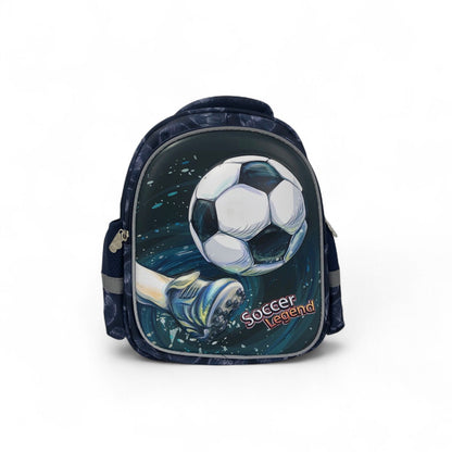 Kids soccer-themed backpack with soccer ball, goal graphic, and navy zipper