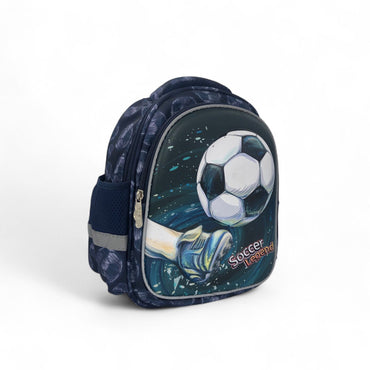 Kids soccer-themed backpack with large soccer ball and goal-themed front graphic