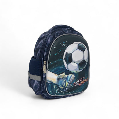 Kids soccer-themed backpack with large soccer ball and goal-themed front graphic