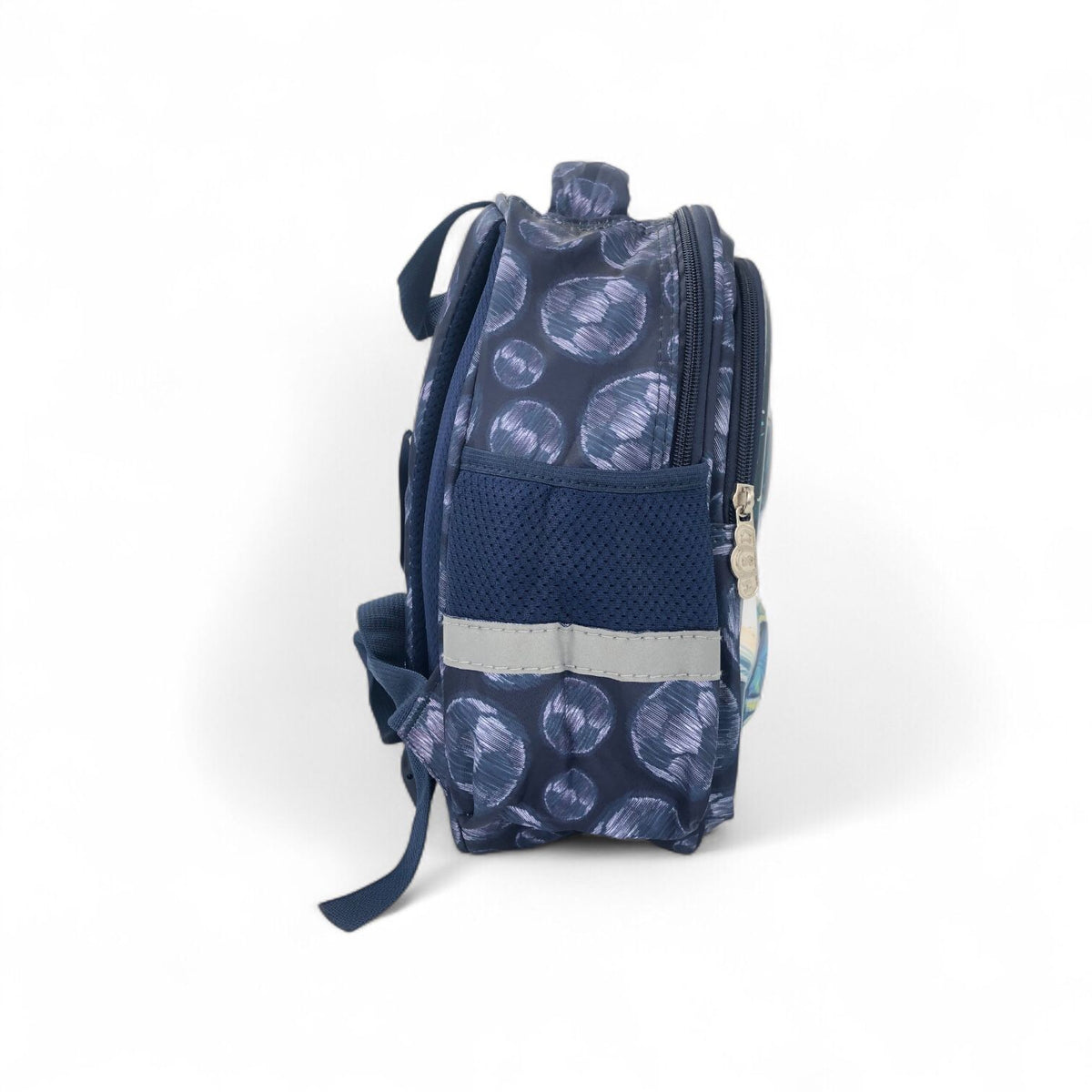 Kids soccer-themed backpack, navy blue with light gray stripe and side zipper