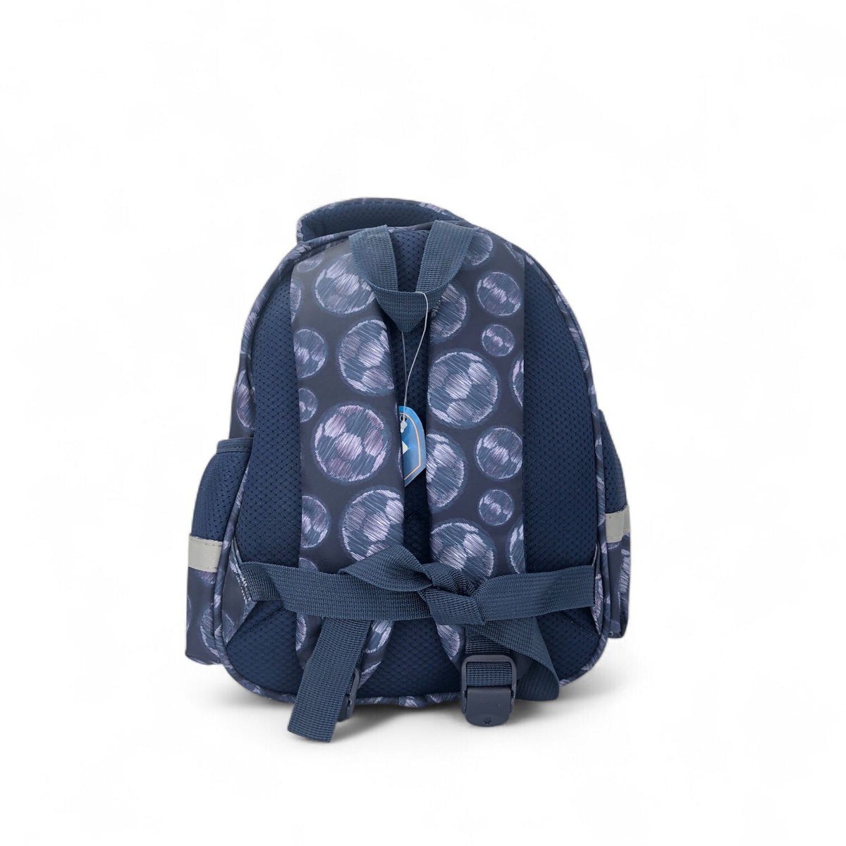 Kids soccer-themed backpack, navy blue with ball pattern and front zipper pocket
