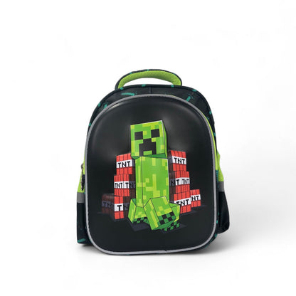 Kids school backpack in black with lime creeper and TNT Blocks front print