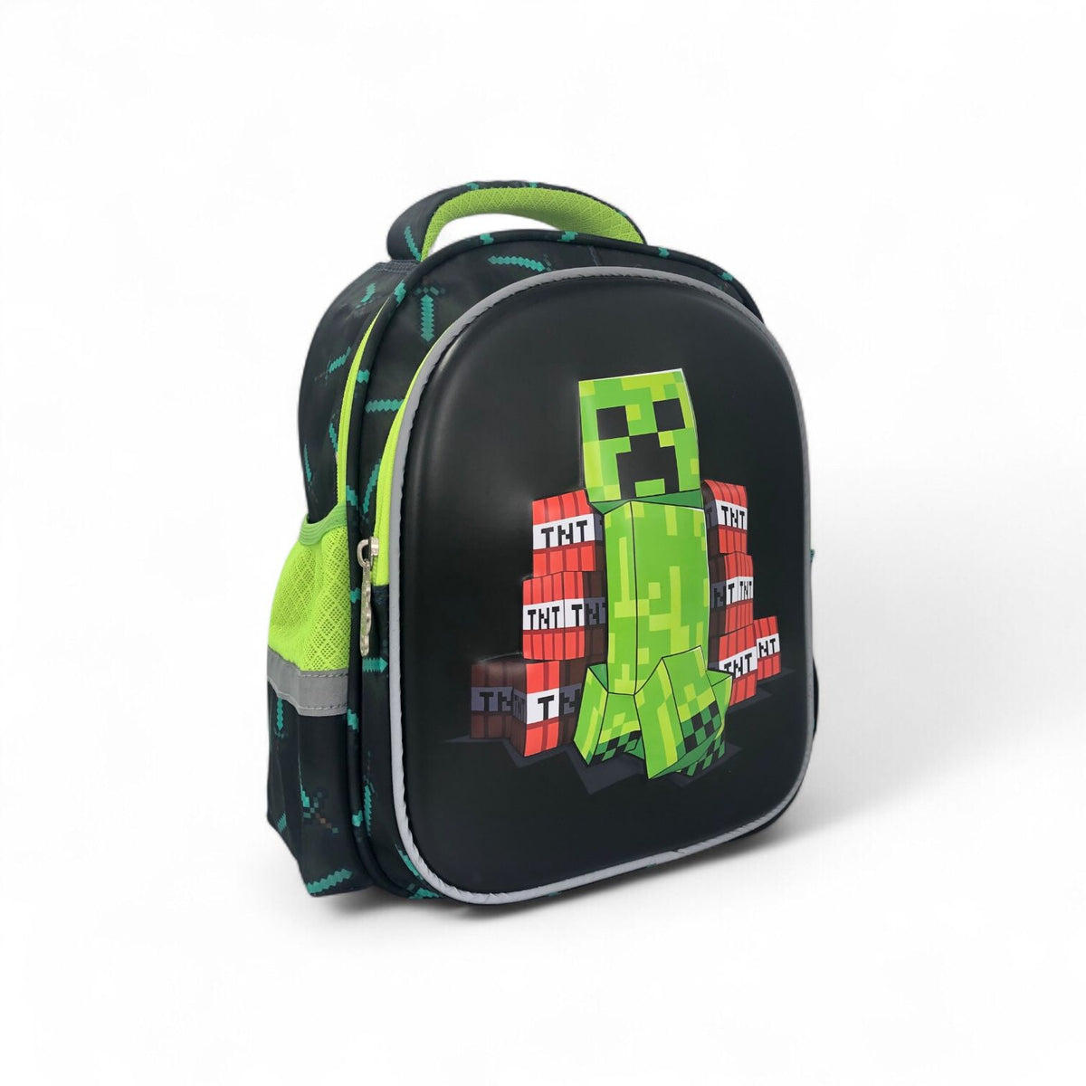Kids school backpack with black front and lime creeper TNT Blocks graphic