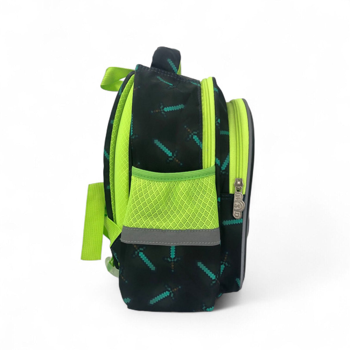 Kids school backpack in black and lime green with side zip pocket and straps