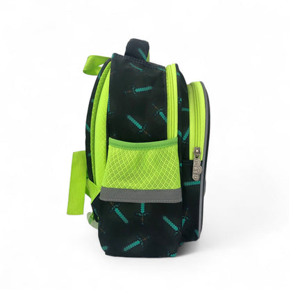 Kids school backpack in black and lime green with side zip pocket and straps