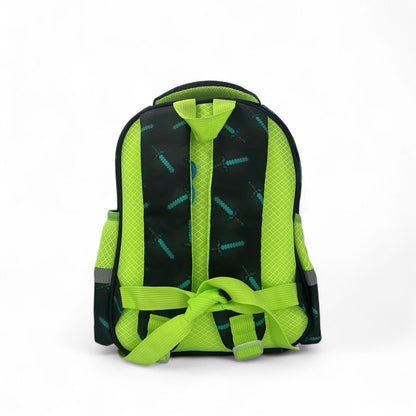 Kids school backpack in black and lime green, front creeper graphic