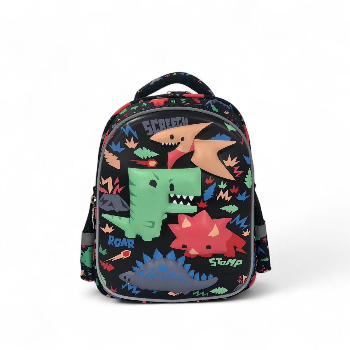 12-inch kids dinosaur backpack, front view with green T-rex graphic and multicolor background