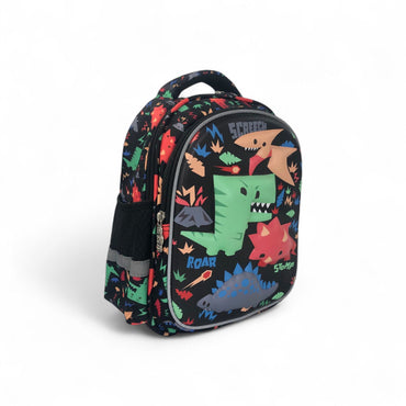 12-inch kids dinosaur school backpack, front with green and orange dino faces and logo patch