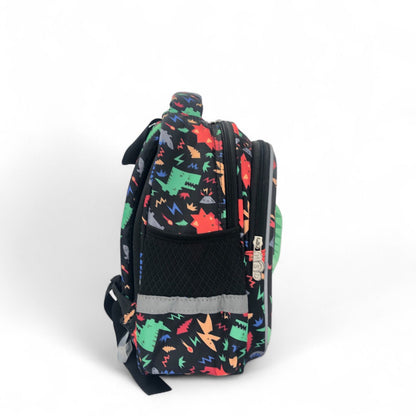 12-inch kids dinosaur backpack, side view with colorful dinosaur pattern and padded back
