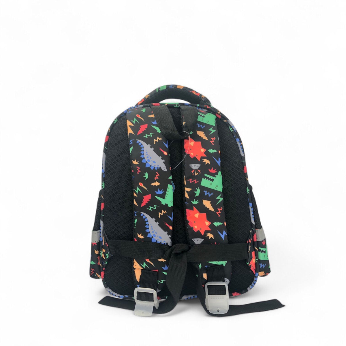 12-inch kids dinosaur school backpack, black with colorful dino print and front straps