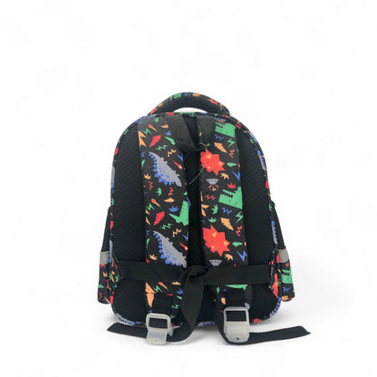 12-inch kids dinosaur school backpack, black with colorful dino print and front straps