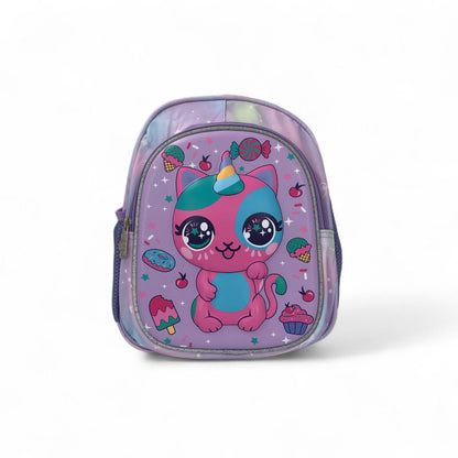 12-inch school backpack with large cute unicorn cat face graphic on purple fabric