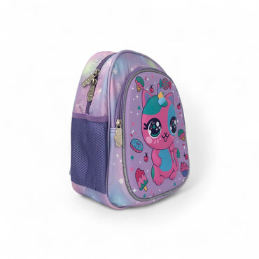 12-inch school backpack with colorful unicorn cat print on purple-and-lavender fabric
