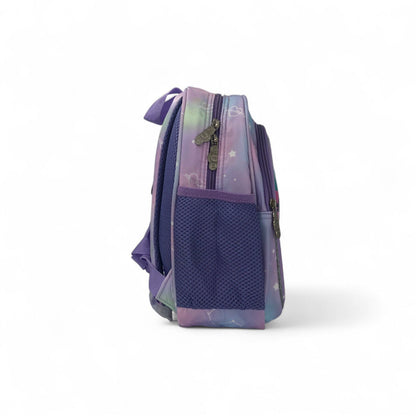 Purple 12-inch school backpack with side mesh pocket and zipper accents; standing side view