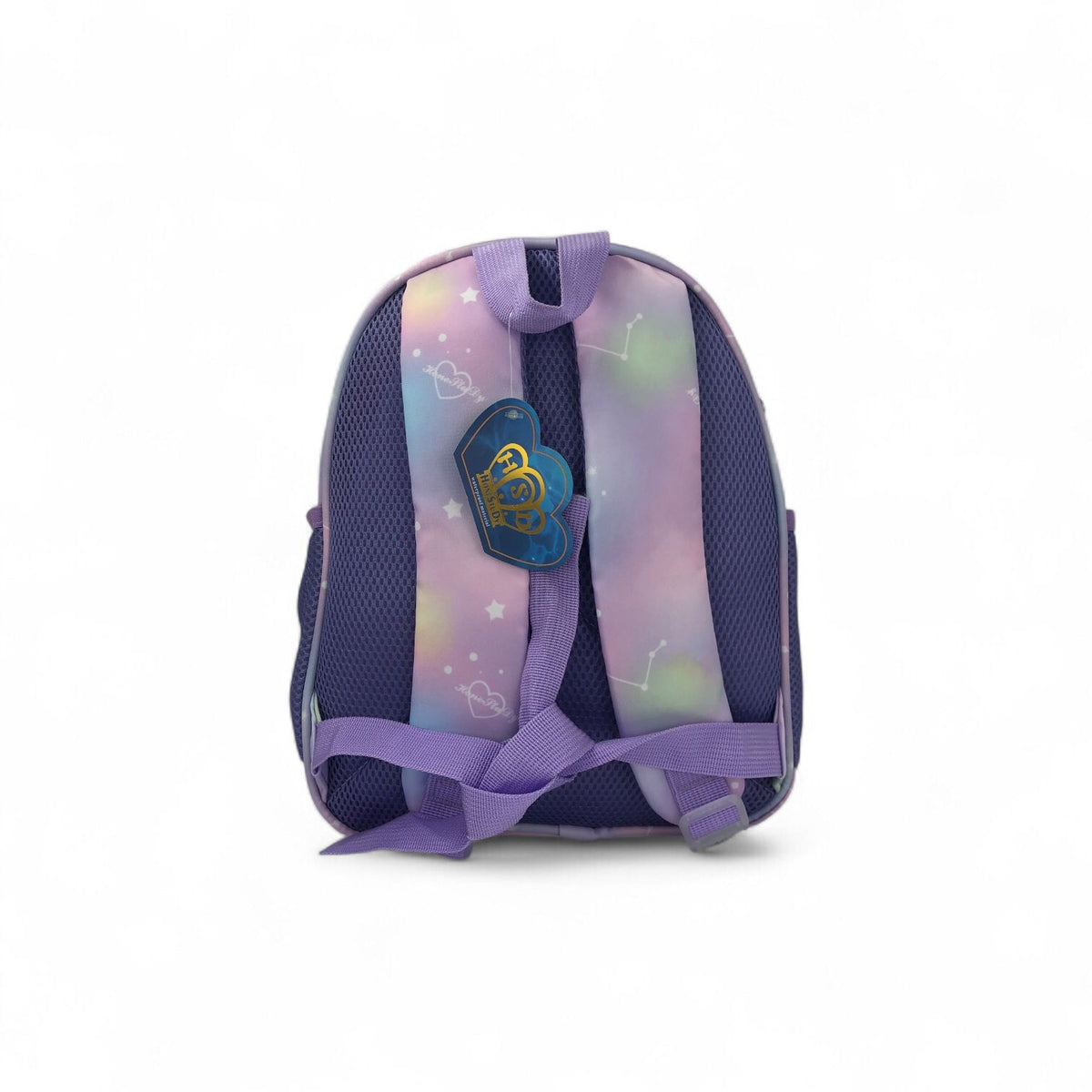 12-inch school backpack in purple with unicorn cat badge and star pattern front panel