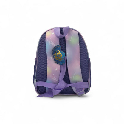 12-inch school backpack in purple with unicorn cat badge and star pattern front panel