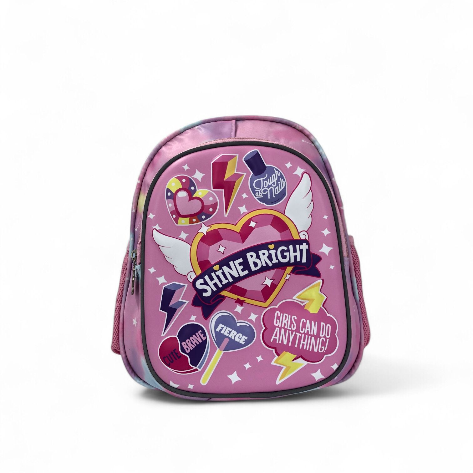 Pink mini backpack with winged-heart 'SHINE BRIGHT' print and front zipper