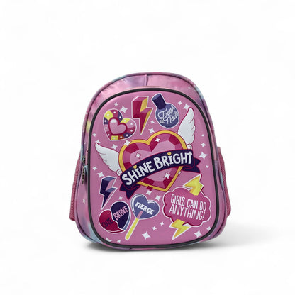 Pink mini backpack with winged-heart 'SHINE BRIGHT' print and front zipper