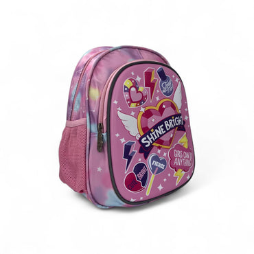 Pink backpack with large 'SHINE BRIGHT' winged-heart graphic and zip front pockets