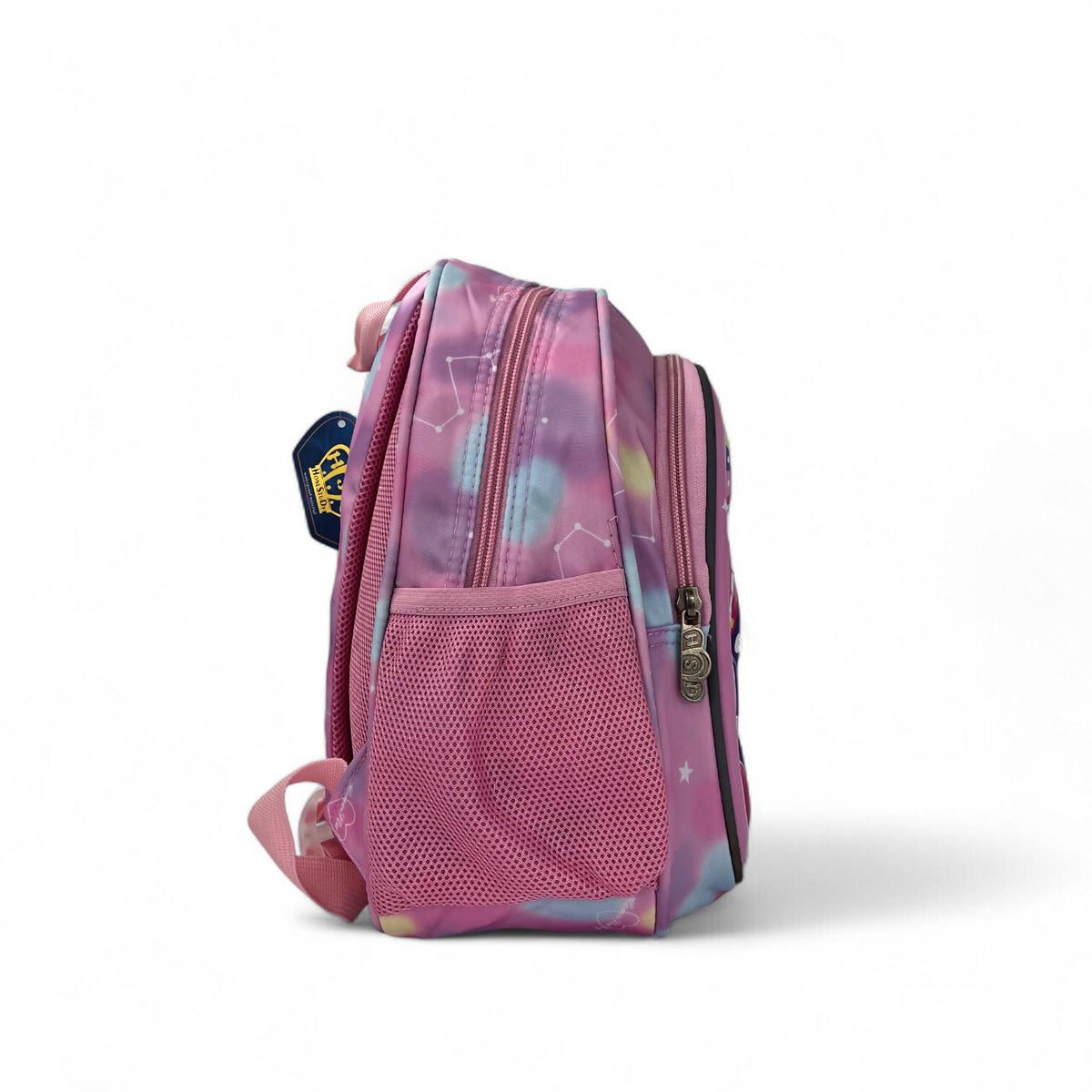 Pink backpack side view with mesh pocket panel and adjustable shoulder straps