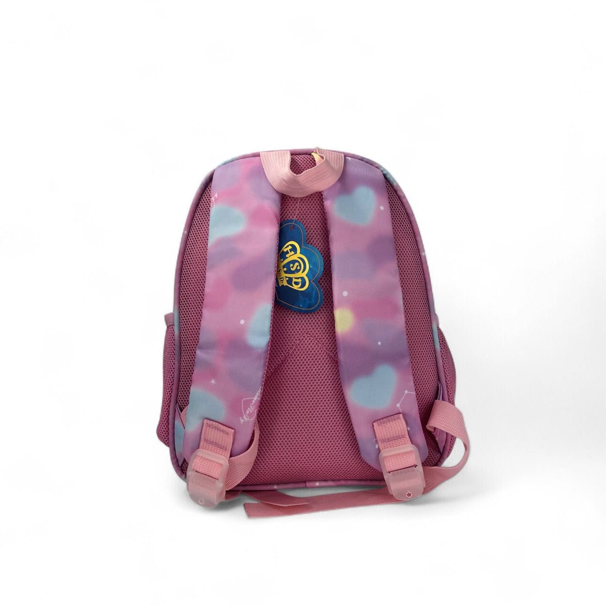 Pink heart school backpack with winged-heart emblem, mesh back, padded straps