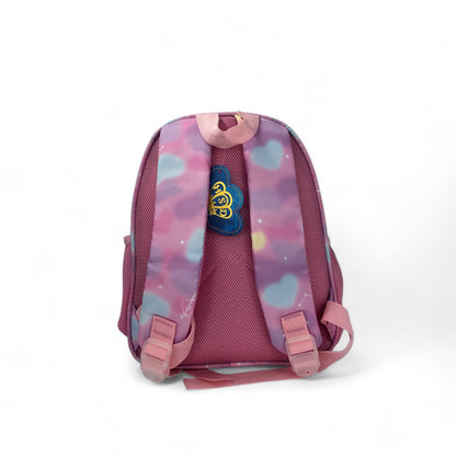 Pink heart school backpack with winged-heart emblem, mesh back, padded straps