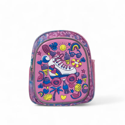 Kids backpack with large front roller skate character print, purple/pink and blue graphics