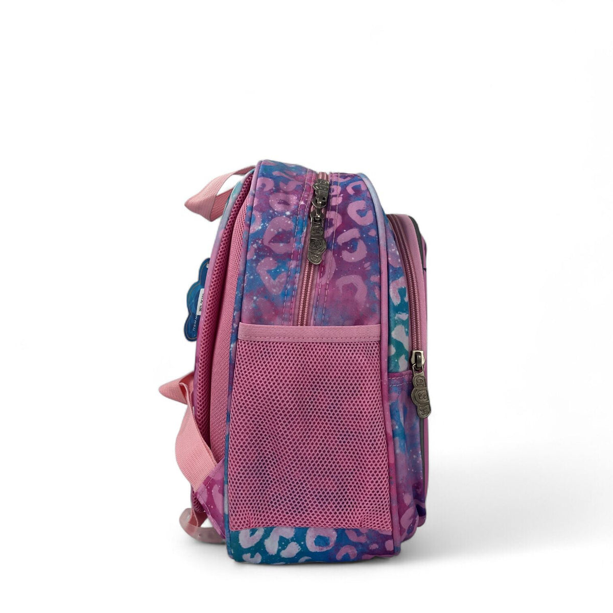 Kids roller skate backpack with mesh side pocket, adjustable straps, purple and blue pattern