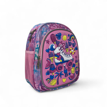 Kids backpack with rounded front pocket and colorful roller skate graphic on purple base