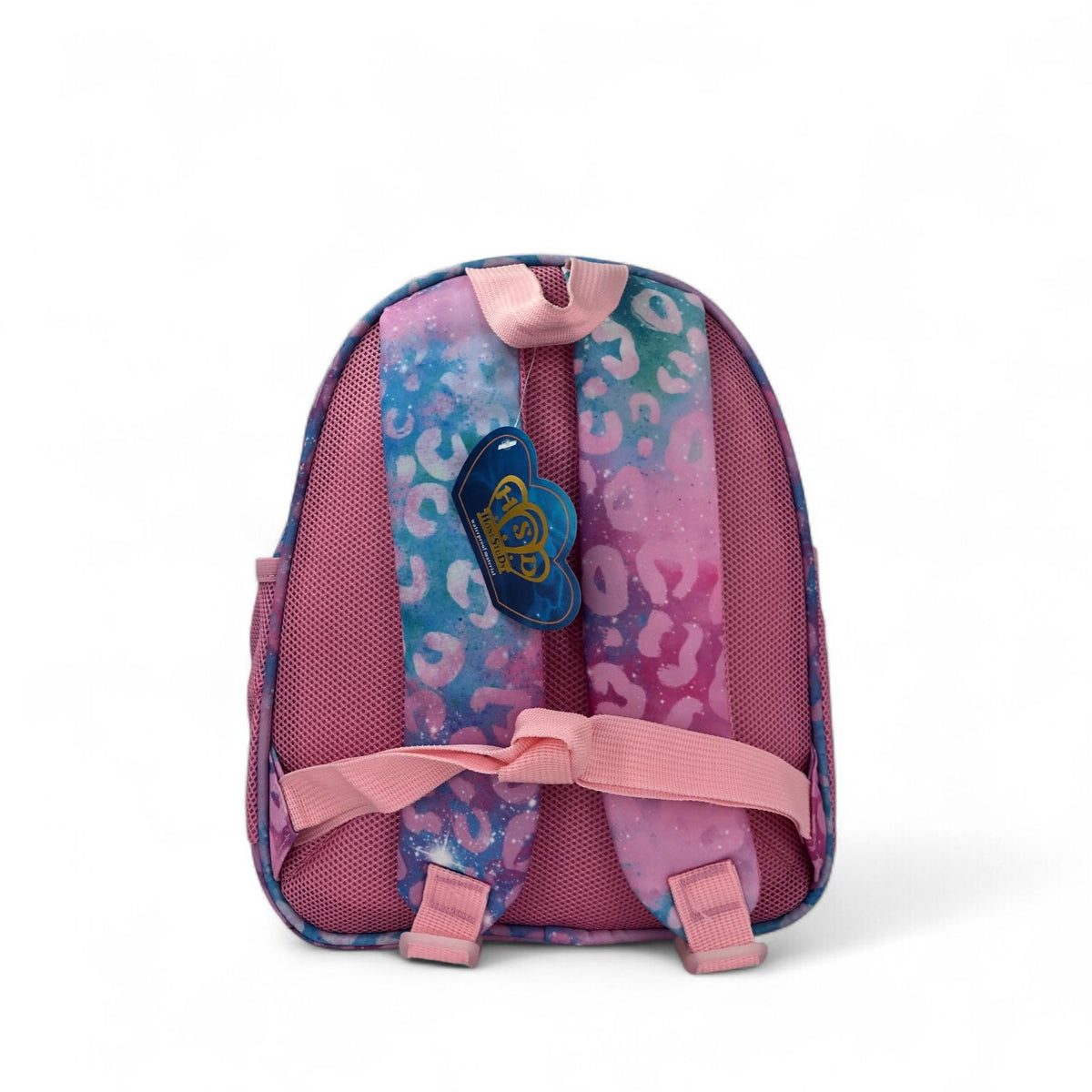 Kids roller skate themed backpack, purple/pink with blue pattern and front panel logo