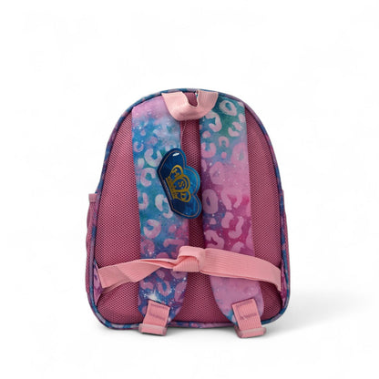 Kids roller skate themed backpack, purple/pink with blue pattern and front panel logo