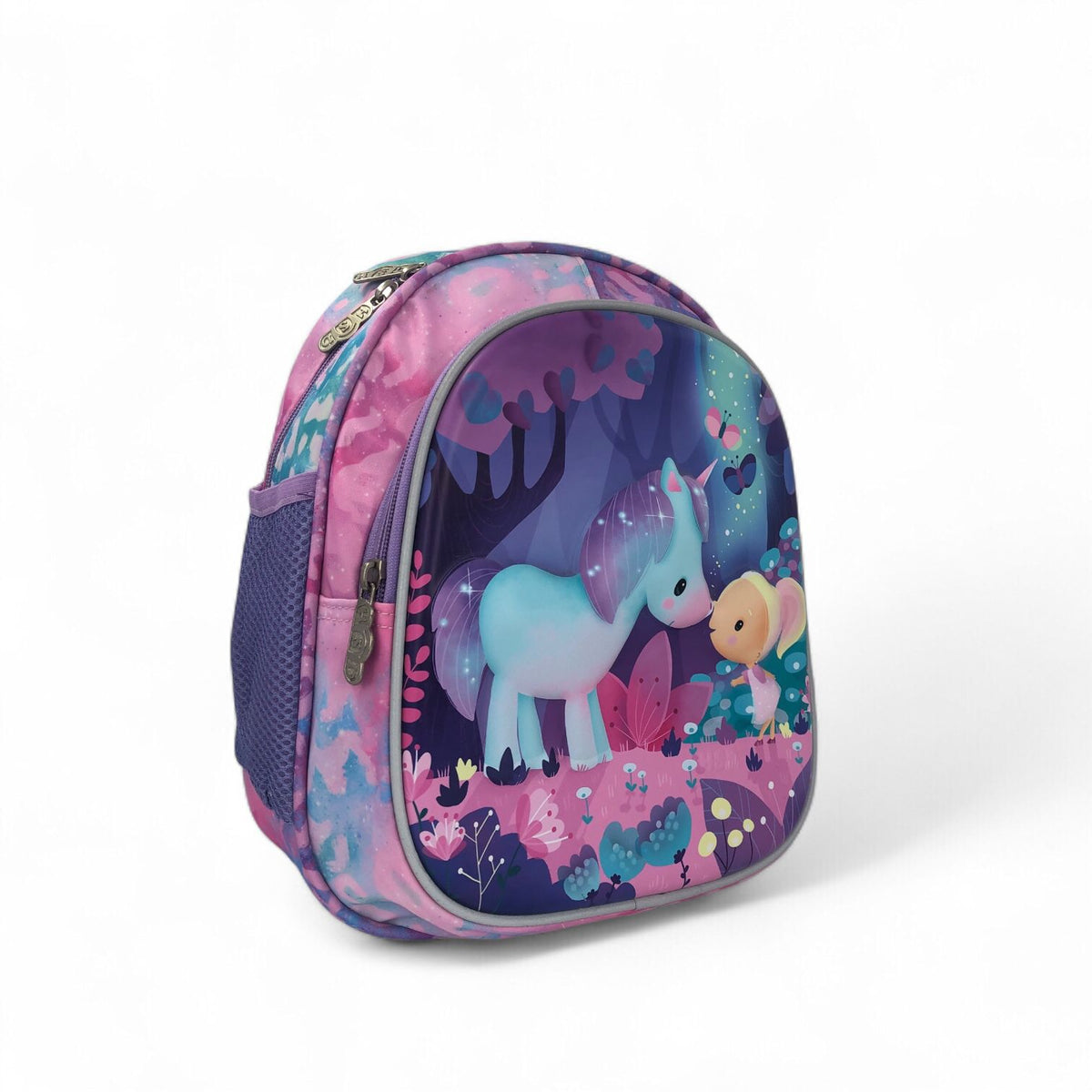 12-inch kids school backpack with unicorn and princess scene graphic, purple zipper top