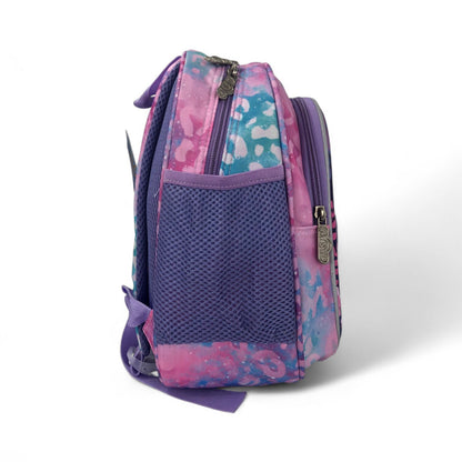 12-inch kids school backpack side view, zip pocket with purple and teal print