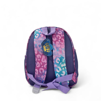 12-inch kids school backpack with unicorn emblem, purple and teal, padded straps