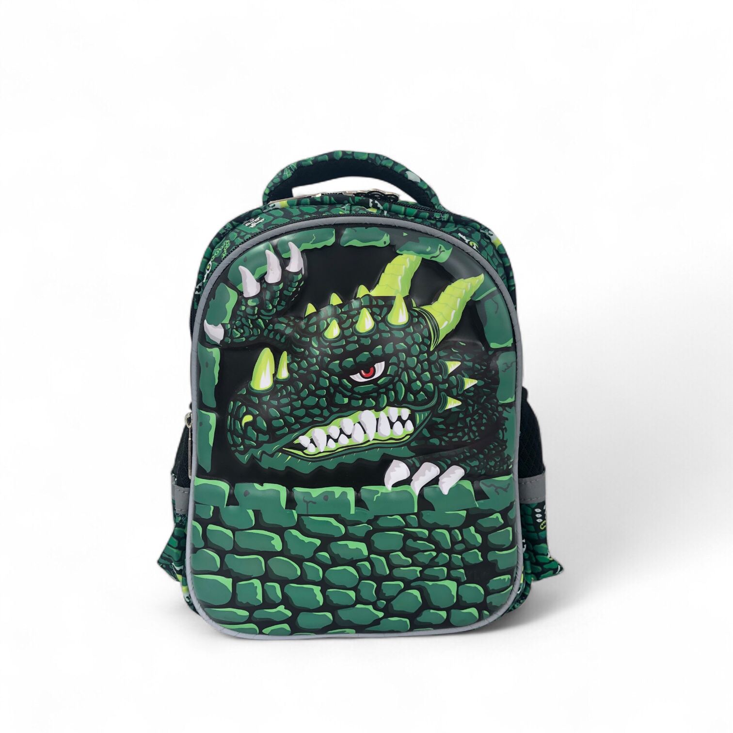 12-inch kids backpack with green stone print and dragon face on front