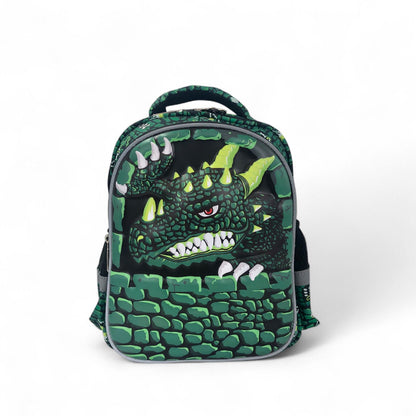 12-inch kids backpack with green stone print and dragon face on front