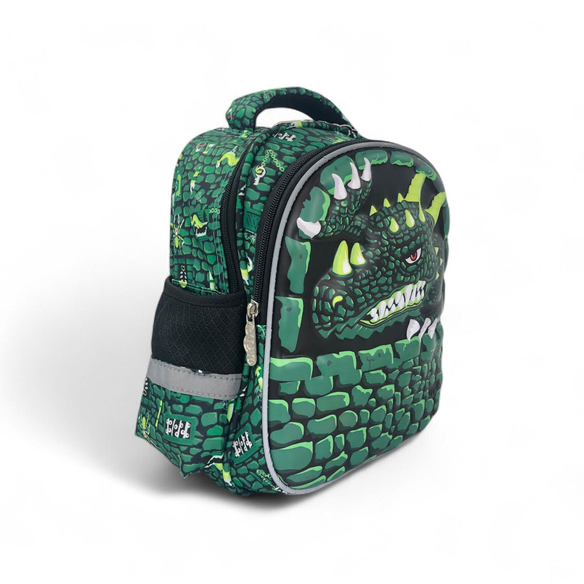 12-inch green dinosaur dragon backpack with front zipper and claw graphic