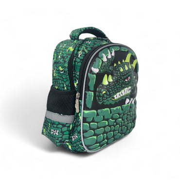 12-inch green dinosaur dragon backpack with front zipper and claw graphic