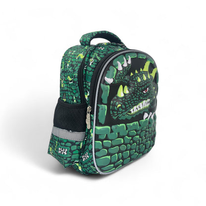 12-inch green dinosaur dragon backpack with front zipper and claw graphic
