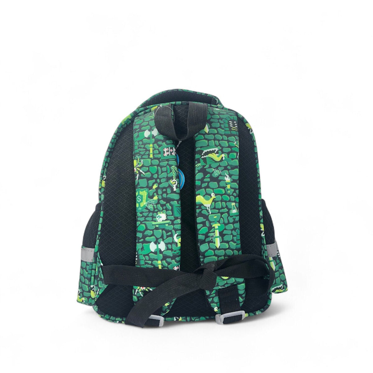 12-inch kids backpack with green stone pattern and black zip front straps
