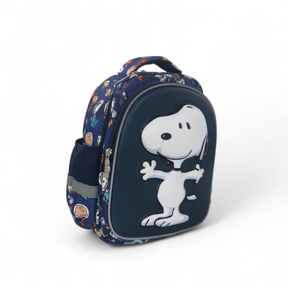 12-inch navy school backpack with large Snoopy face applique and round front zipper